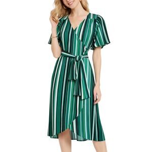 Halogen Women's Wrap Tie Waist Midi Dress Green Black Multi Stripes Size SP